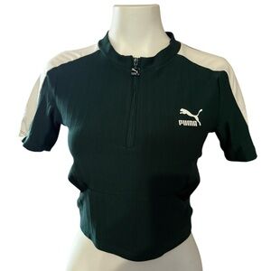 Puma Women's Forest Green Half-Zip Crop Top with Cut Out Accents, Size Medium